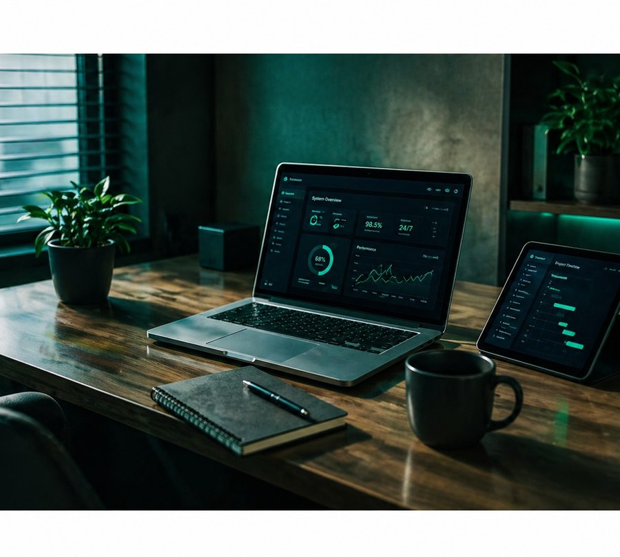 Home office desk with a laptop and tablet displaying IT monitoring dashboards