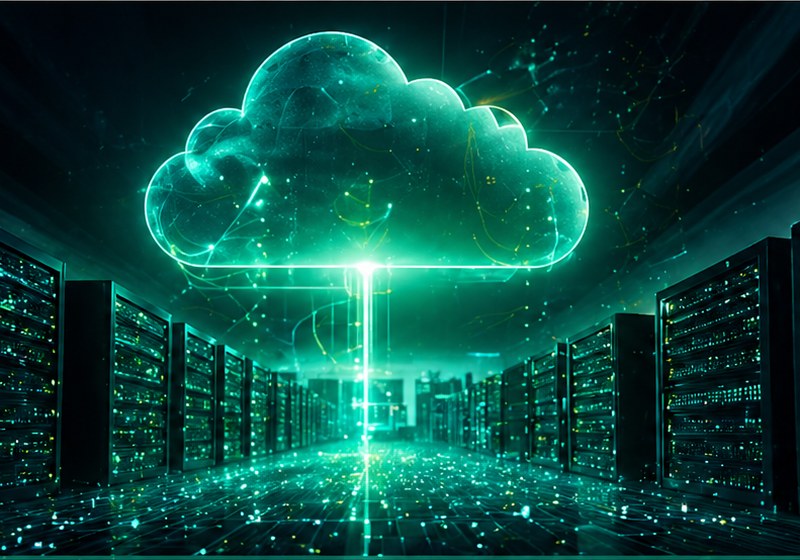Glowing cloud icon above rows of data centre server racks, representing TWUniverse cloud migration and hosting services