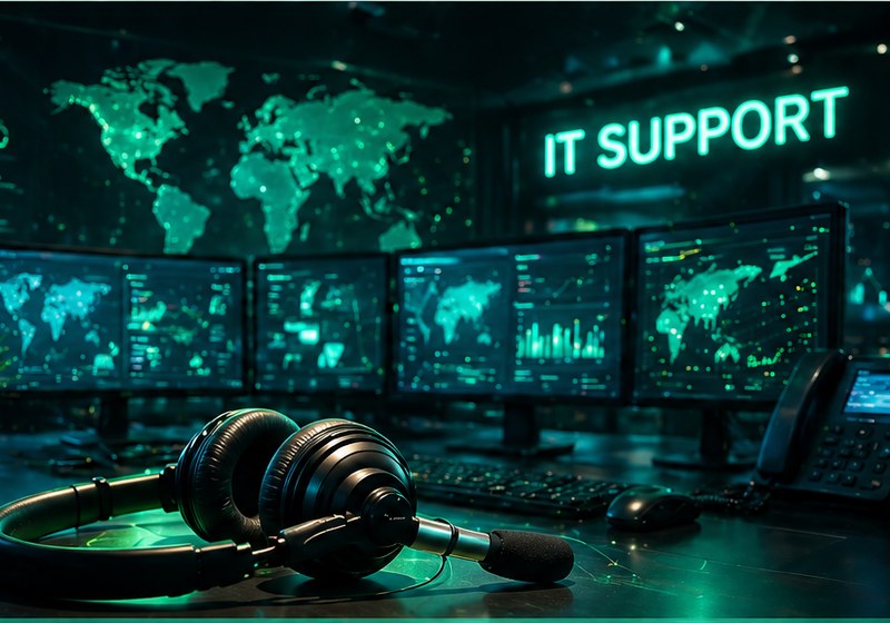 IT support desk with a headset in front of multiple monitors showing a world map and live network dashboards