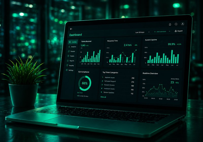 Laptop on a desk showing an IT operations dashboard with uptime, response time and ticket metrics